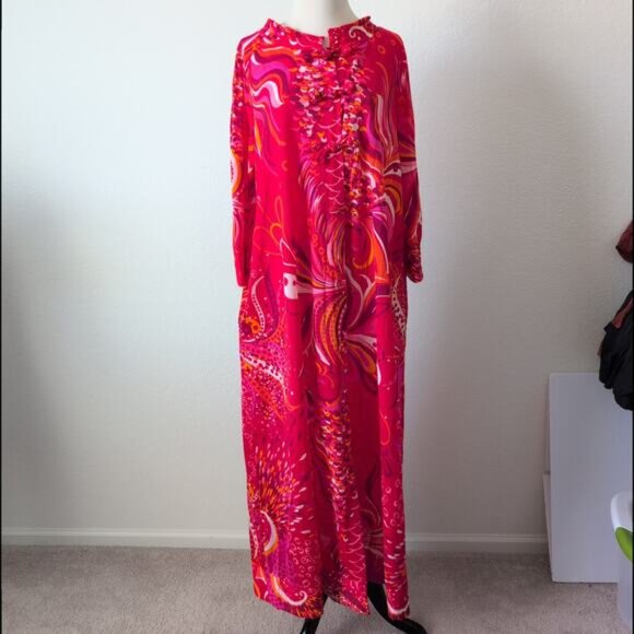 Vintage 60s 70s Hollywood Dress Robe L-XL Psychedelic Nightgown Groovy Boho Chic - Picture 15 of 16